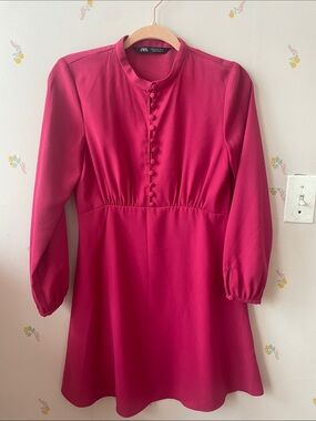 ZARA Fuchsia Button-Front Long Sleeve Mini Dress